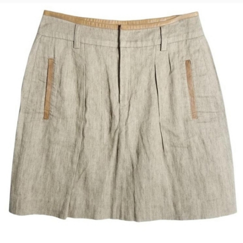 VINCE A-line pleated linen & leather mini skirt